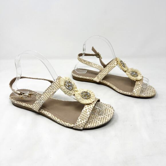 [Charter Club] Tan Cream Zooey Woven Raffia T-Strap Floral Slingback Sandals 8 - Picture 2 of 12